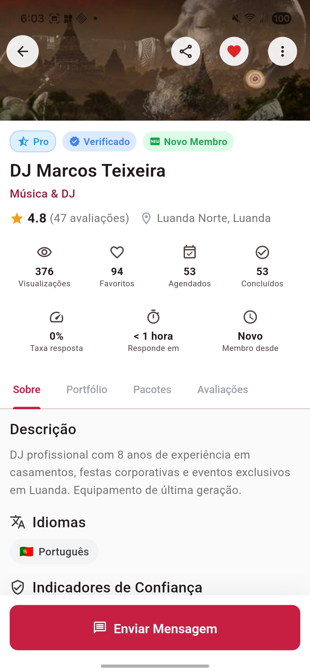 Ecrã de perfil do fornecedor